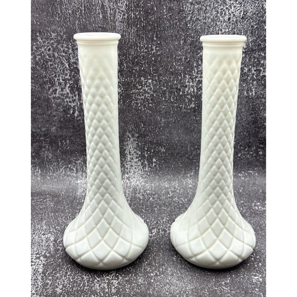 Set Of 2 Vintage White Hoosier Milk Glass Vases - 9 inch ~ 4093